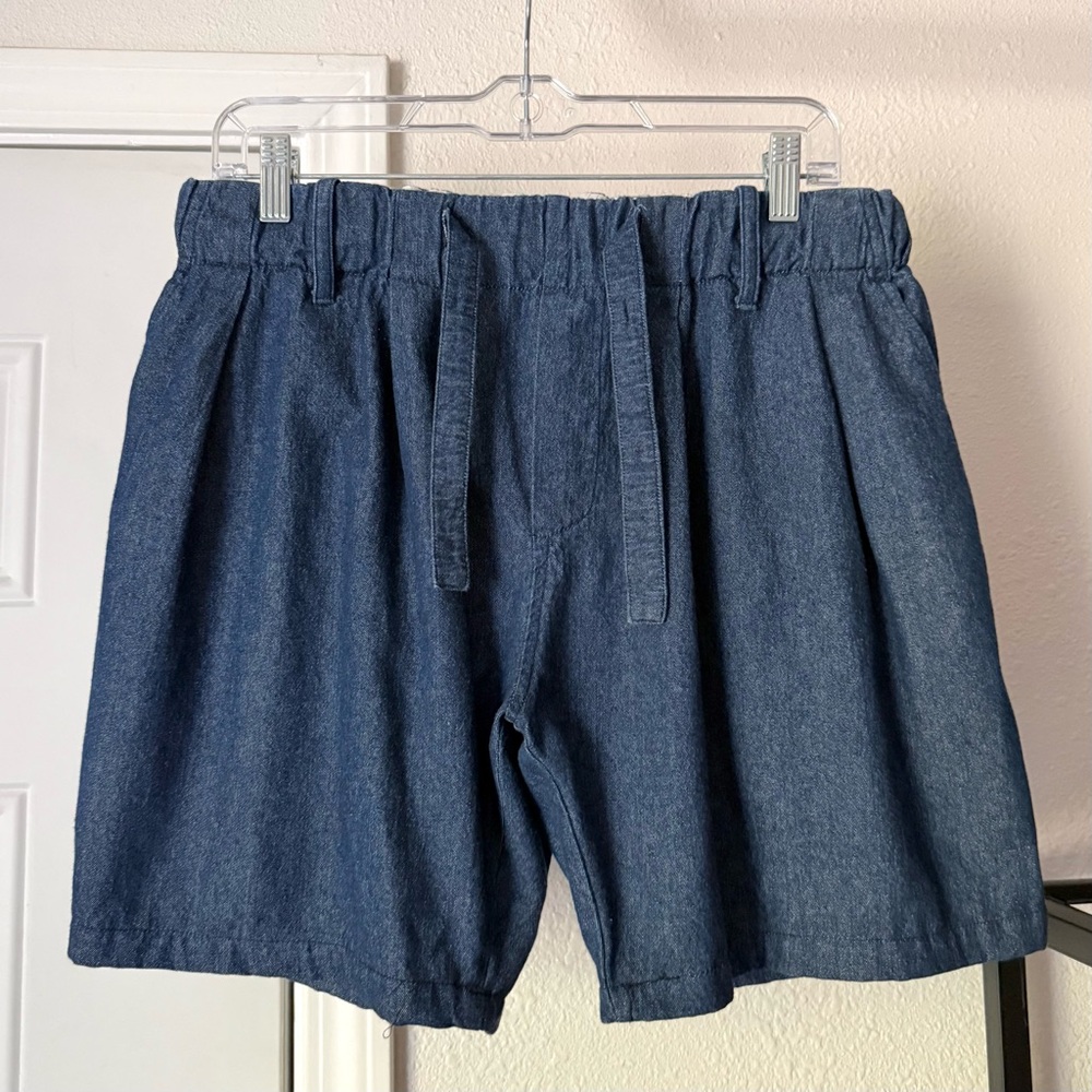 RAQUEL ALLEGRA‎ blue denim high rise pleated front drawstring elastic shorts
